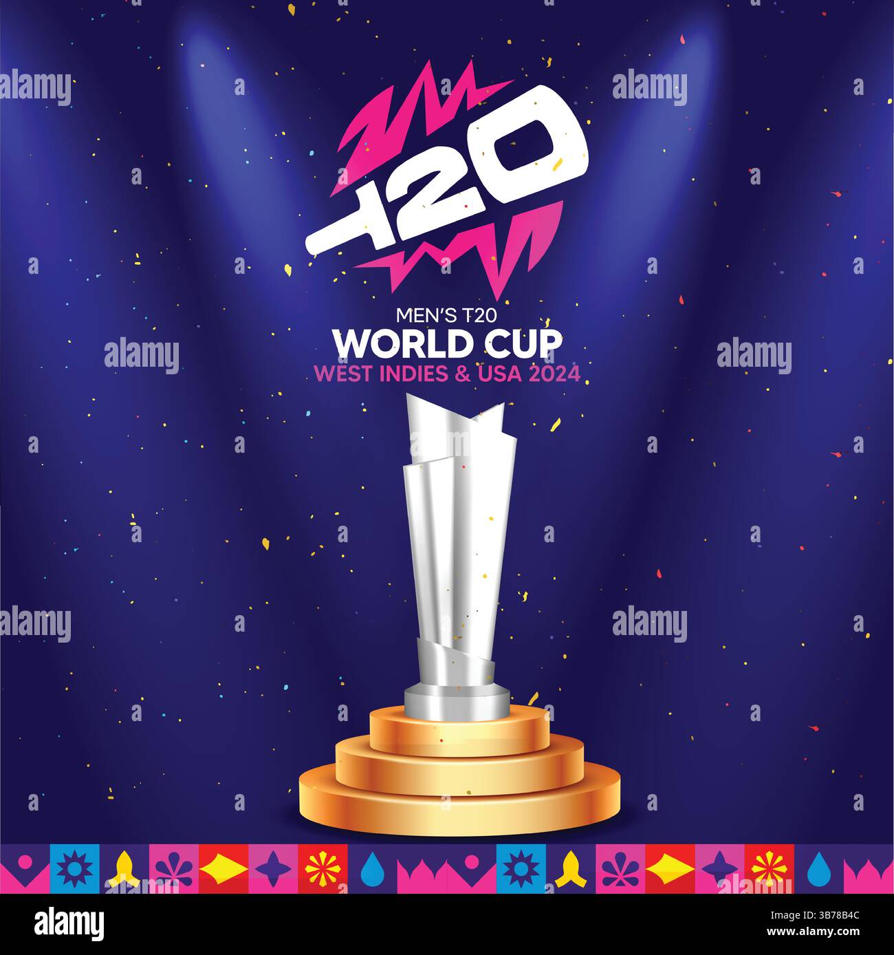T20-Weltmeisterschaft mit einem Thema auf blauem Hintergrund und einer Trophäe mit goldenem Stand. Abstrakter Hintergrund Stock Vektor