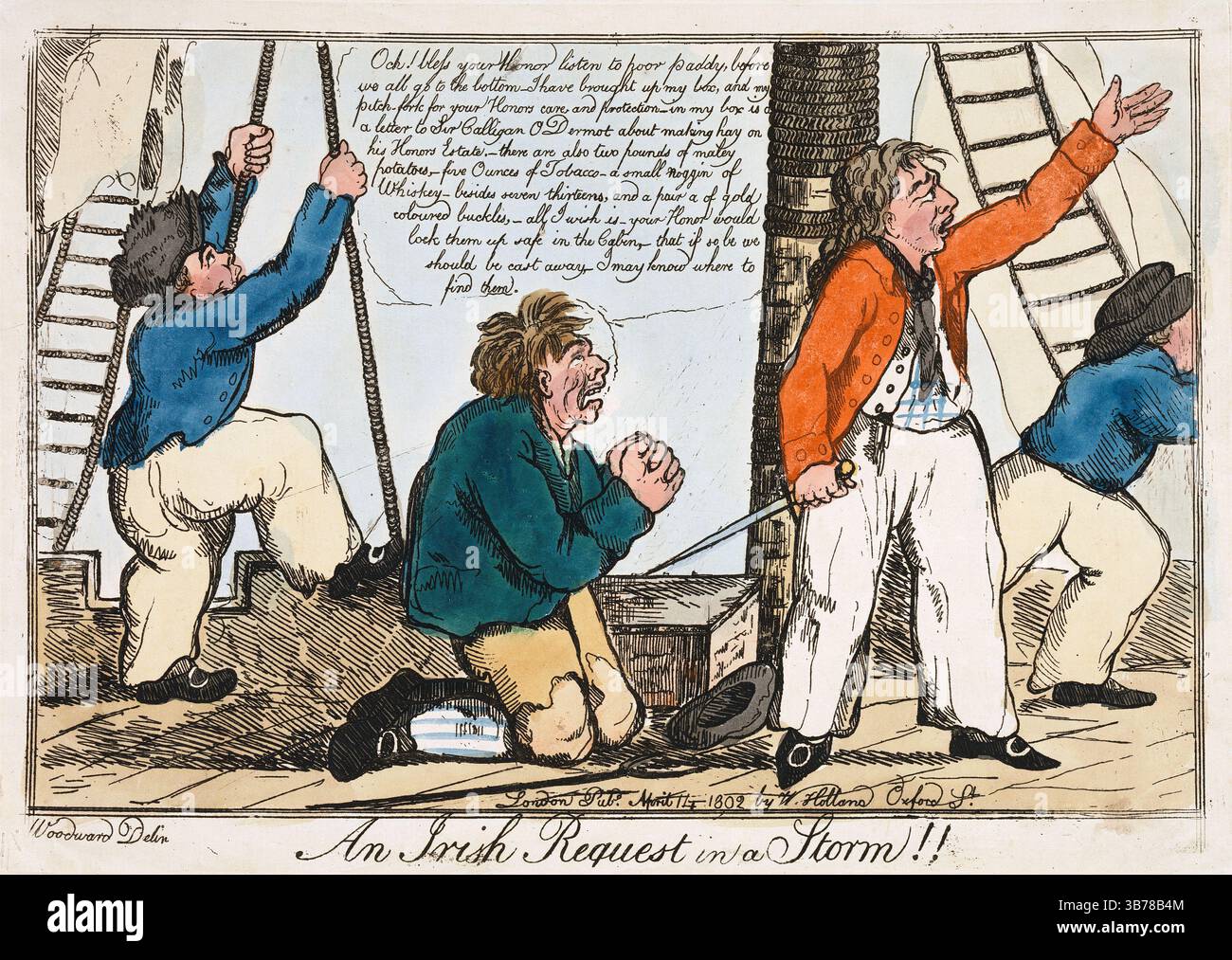 Ein humorvoller, farbiger Cartoondruck-Gravur einer irischen Bitte im Sturm, Schiffsdeckhände. Aquarellätzung auf Papier menschliche Karikaturen Humor aus der georgianischen Ära des 18. Jahrhunderts von George Moutard Woodward antikes satirisches Vintage-Druckkunstwerk Stockfoto