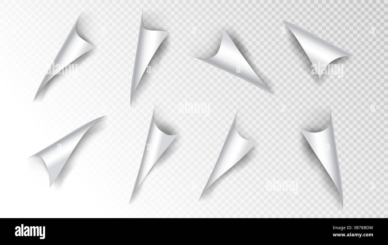 Vektorabbildung. Ecken der gewellten Papierseite. Umkehren der Papierblattkanten. Aufkleber mit gefalteten Ecken. Realistische Locken mit Schatten Stock Vektor