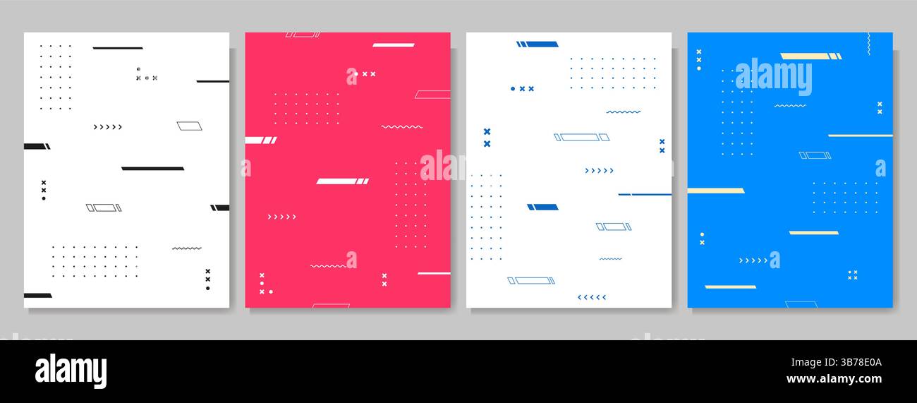 Vektorabbildung. Neo memphis Muster Bannerset. Linien und geometrische Elemente fließen. Leuchtender farbiger Hintergrund. Design für Poster, Cover, Magazin Stock Vektor