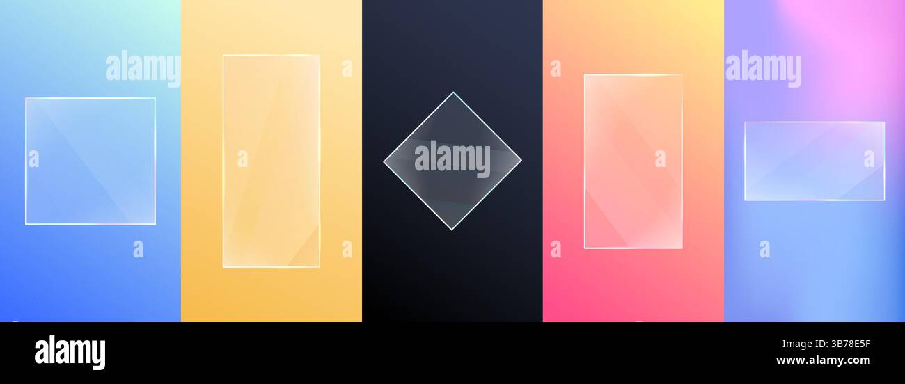 Vektorabbildung. Transparenter Glanzeffekt aus Glas. Farbenfroher verlaufender Hintergrund. Lebendiges Tapetenset. Element für Designflyer, Coupon, Gutschein Stock Vektor