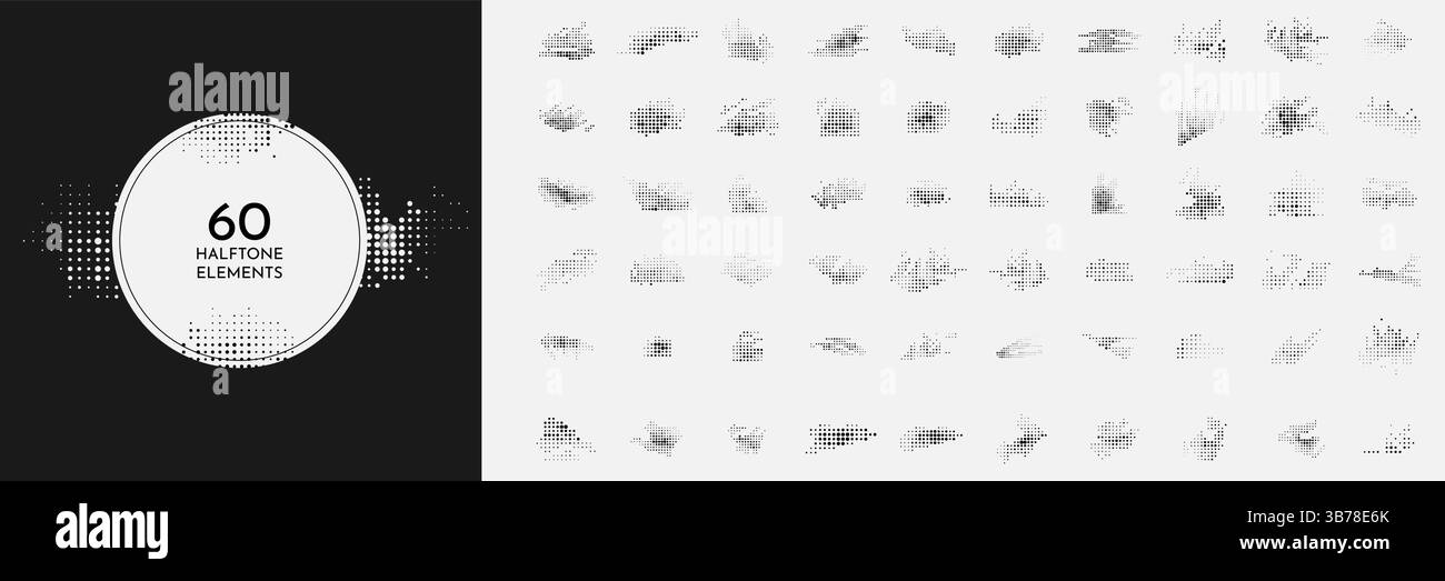 Vektorsatz mit 60 dynamischen gepunkteten Rasterelementen. Pop-Art-Stil. Verblasste Punkte bündeln sich auf weißem Hintergrund. Sammlung geometrischer Formen Stock Vektor