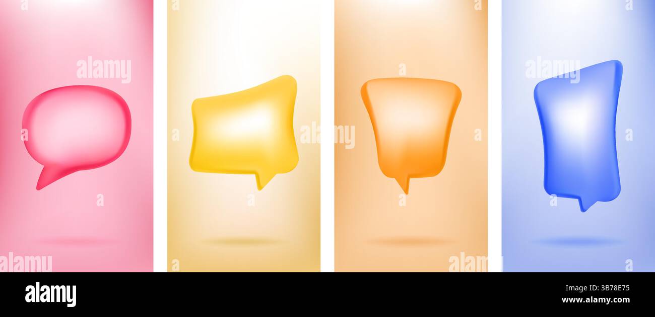 Vektorabbildung. Minimalistisches 3D-Bannerset. Leere Vorlage für Anführungsrahmen. Isoliertes Textfeld. Leere Sprechblasen. Farbiger Hintergrund Stock Vektor Vektorabbildung. Minimalistisches 3D-Bannerset. Leere Vorlage für Anführungsrahmen. Isoliertes Textfeld. Leere Sprechblasen. Farbiger Hintergrund Stock Vektor