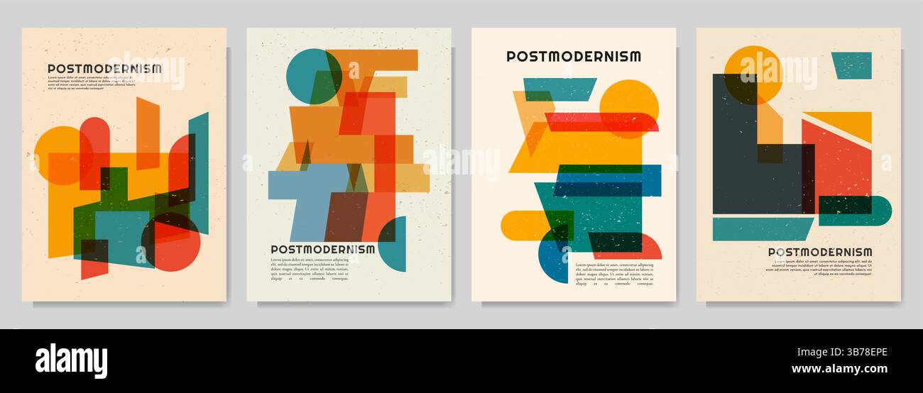 Vektor-Broschürenkarten-Set. Geometrische Formen im postmodernen Stil. Dynamische abstrakte flache Mid-Century-Designvorlage für Flyer, Magazin, Bucheinband Stock Vektor