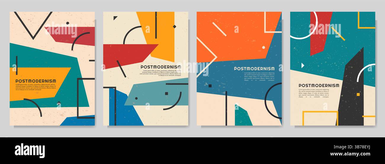 Vektor-Broschürenkarten-Set. Geometrische Formen im postmodernen Stil. Dynamische abstrakte flache Mid-Century-Designvorlage für Flyer, Magazin, Bucheinband Stock Vektor
