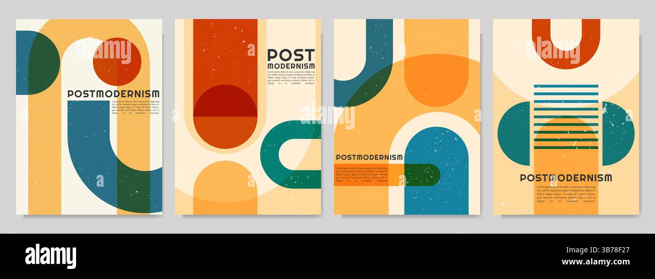 Vektor-Broschürenkarten-Set. Geometrische Formen im postmodernen Stil. Dynamische abstrakte flache Mid-Century-Designvorlage für Flyer, Magazin, Bucheinband Stock Vektor