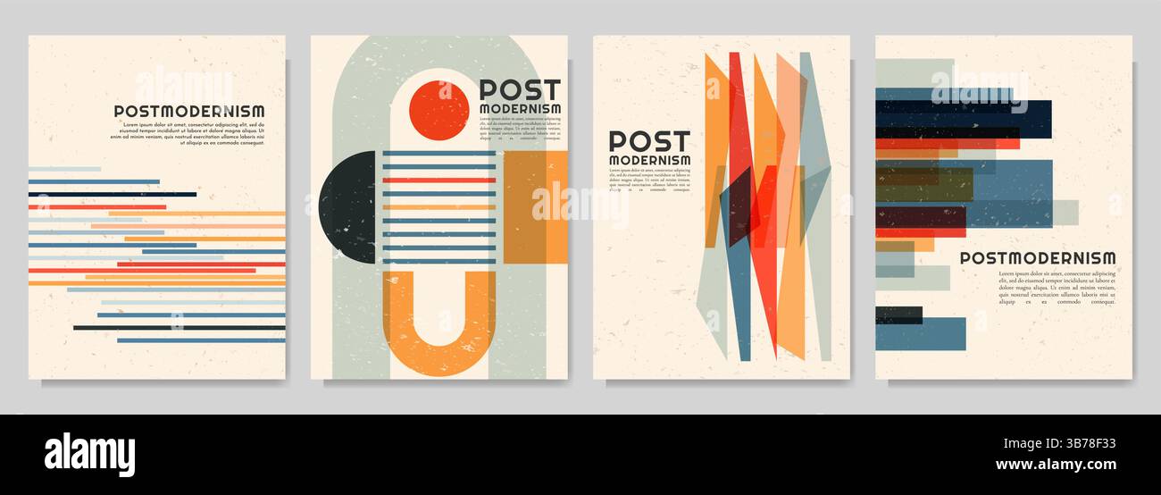 Vektor-Broschürenkarten-Set. Geometrische Formen im postmodernen Stil. Dynamische abstrakte flache Mid-Century-Designvorlage für Flyer, Magazin, Bucheinband Stock Vektor