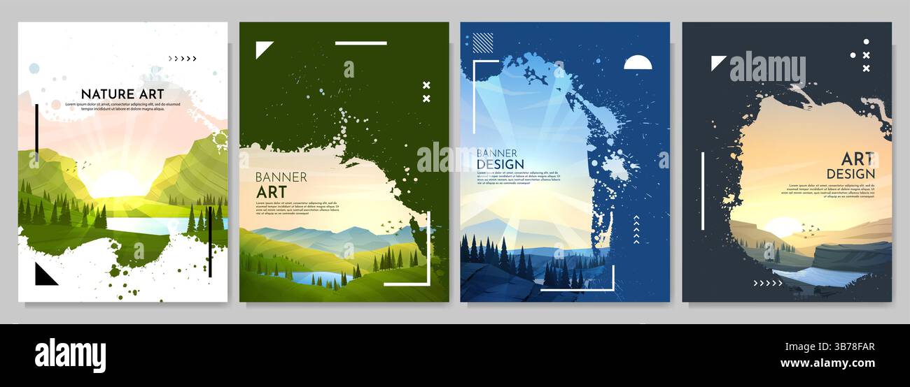 Vektorbroschüren Karten Satz Querformat. Naturszene mit Sonnenuntergang, See um Wiese und Bergen. Tintenspritzer-Überlagerung. Flache Entwurfsvorlage des Flyers Stock Vektor
