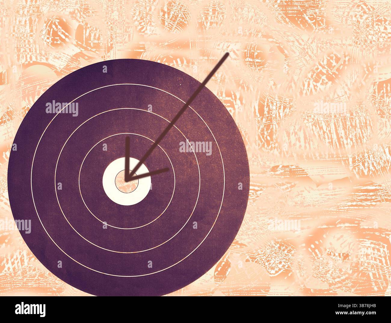 Pfeile zeigen den Weg zum Erfolg oder zum Bullseye auf der Dartscheibe. Gewinnen Sie ein Spiel. Verwenden Sie Vektor-Grunge-Hintergrund für Ihren Text. Auf das Zentrum zielen. Stockfoto