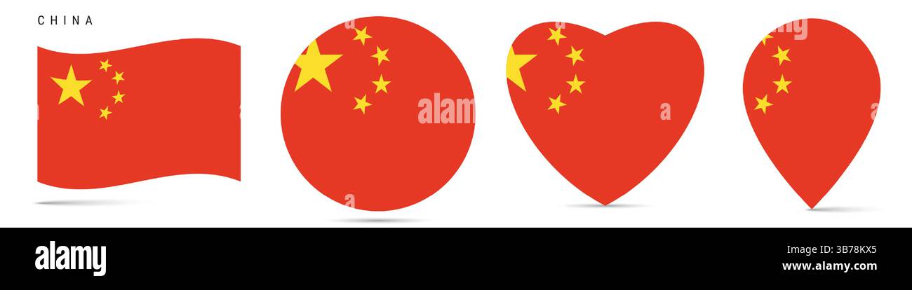 China winkende Flagge, runder Kreis Aufkleber, herzförmige Icon, Kartennadel. Chinesische Flaggenknöpfe in verschiedenen Formen. Vektordarstellung isoliert auf W Stock Vektor