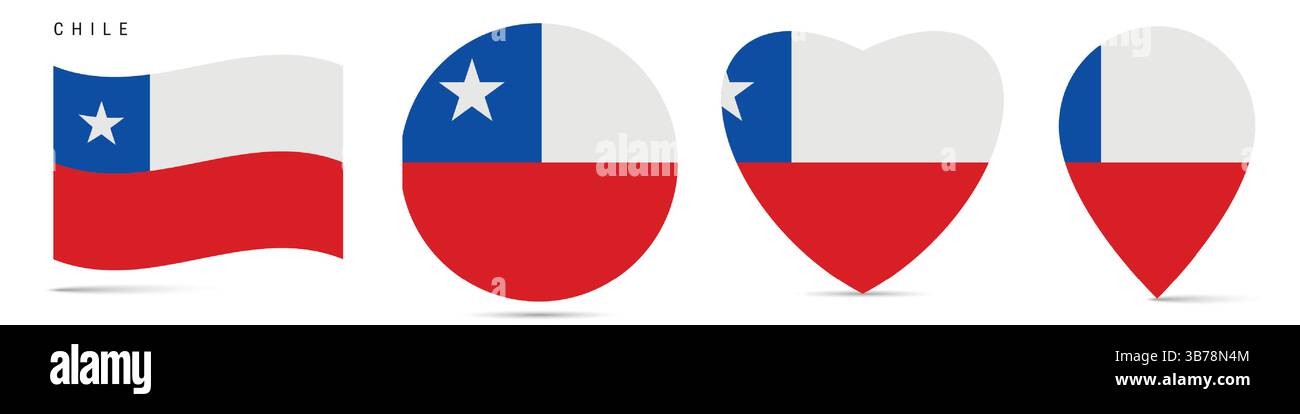 Chile schwenkende Flagge, runder kreisförmiger Aufkleber, herzförmiges Symbol, Kartennadel. Chilenische Flaggenknöpfe in verschiedenen Formen. Vektordarstellung isoliert auf W Stock Vektor