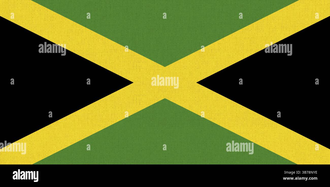 Flagge von Jamaika. Jamaikanische Flagge auf Stoffoberfläche. Textur des Gewebes. Jamaika Nationalflagge auf gemustertem Hintergrund. Karibisches Land. Republik Stockfoto