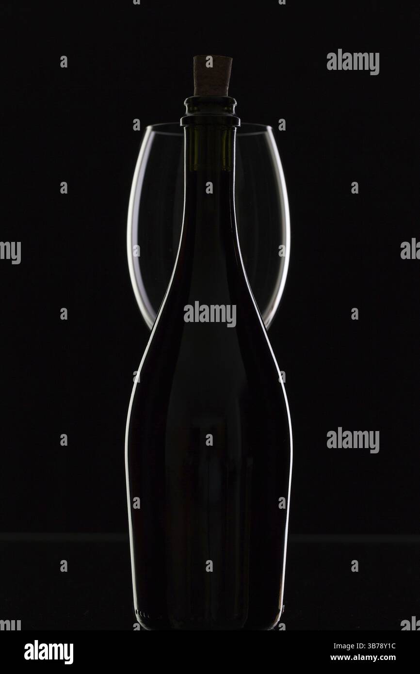 Kontur-Flasche und Glas auf dem schwarzen Hintergrund Stockfoto