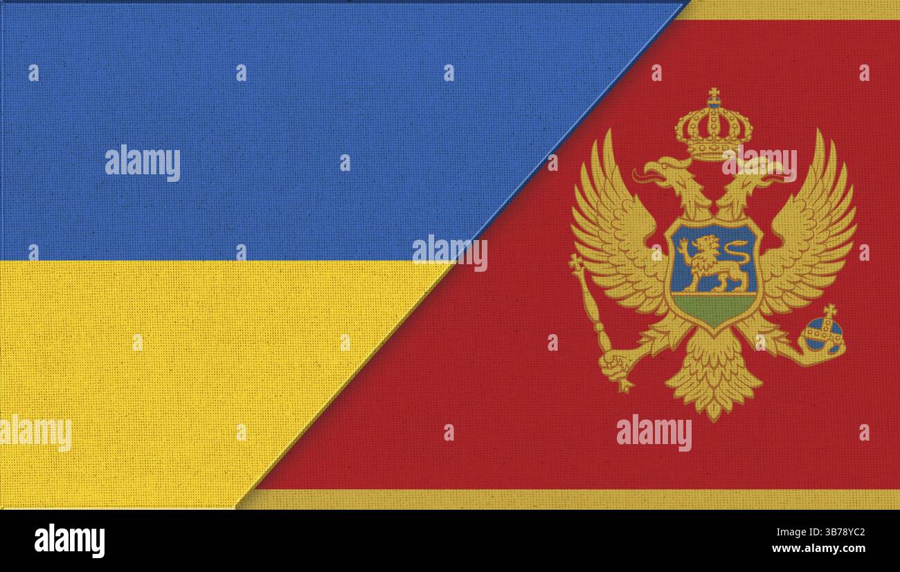Flaggen der Ukraine und Montenegros. Zwei Flags Zusammen. Nationale Symbole der Ukraine und Kroatiens. Beziehungen zwischen der Ukraine und Montenegro. Diplomatische Beziehungen Stockfoto