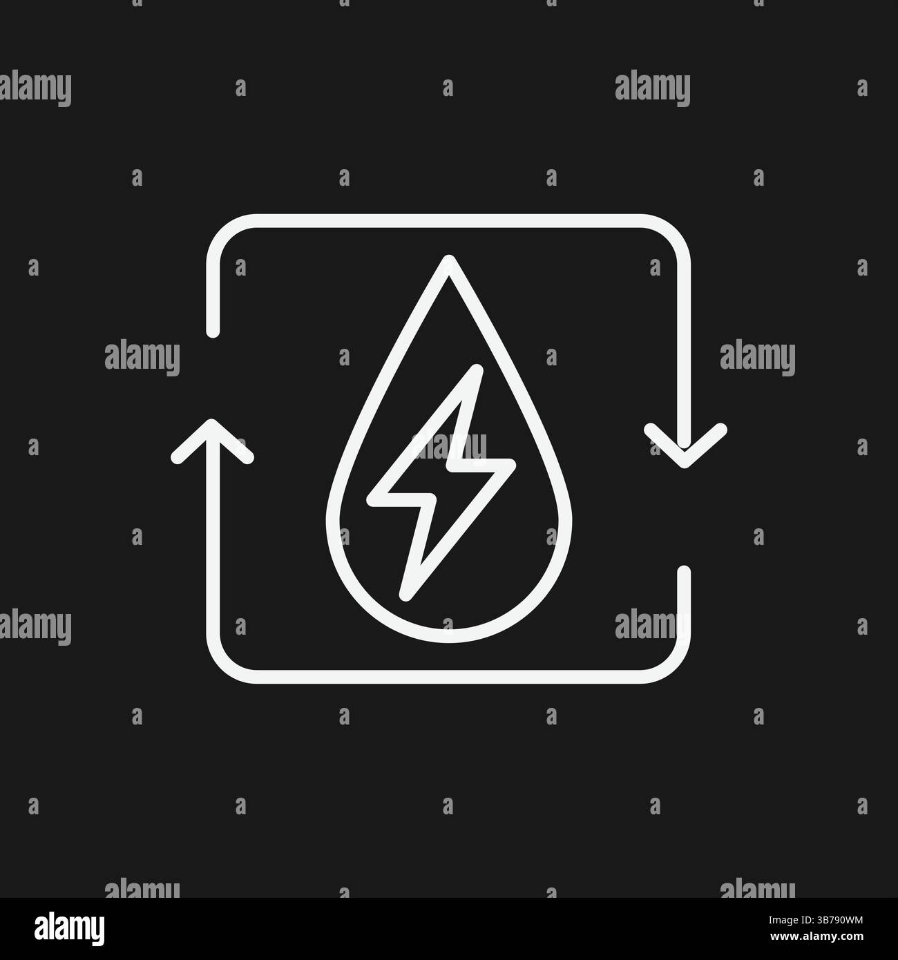 Clean Energy Symbol Wassertropfen, Blitzbolzen und Recyclingpfeile in weißer Umrandung auf schwarzem Hintergrund Stock Vektor