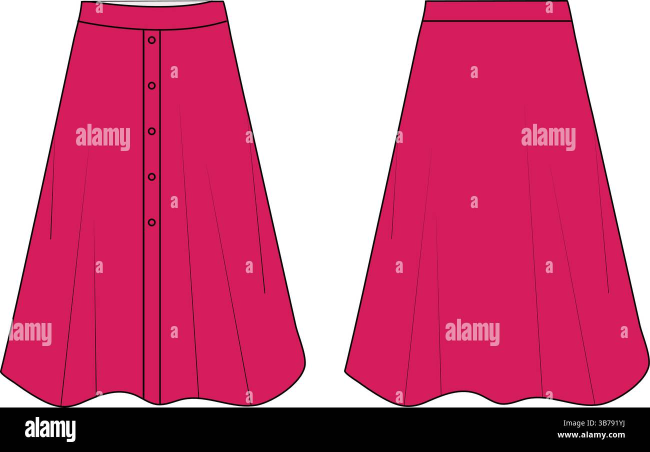 Rosafarbener Rock Vorder- und Rückansicht | flache Vektor-Illustration | Fashion Apparel CAD-Vorlage Stock Vektor