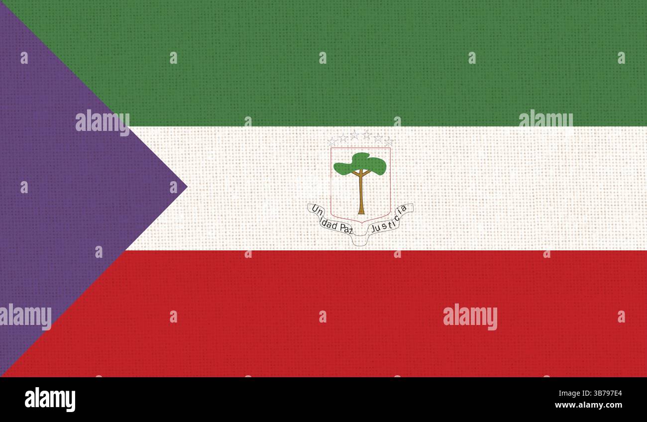 Flagge von Äquatorialguinea. Flagge Äquatorialguineas auf Stoffoberfläche. Textur des Gewebes. Nationales Symbol Äquatorialguineas auf gemustertem Backgrou Stockfoto