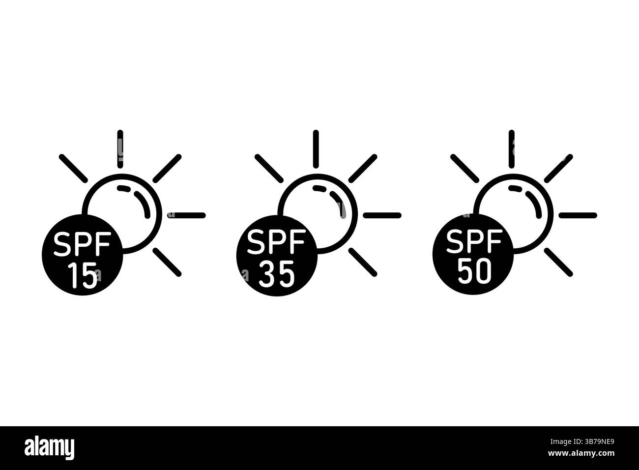 Symbol für SPF-Stufen. Sonnensymbol Trio. 15 35 50 Kreis. UV-Schutzvektor. Stock Vektor