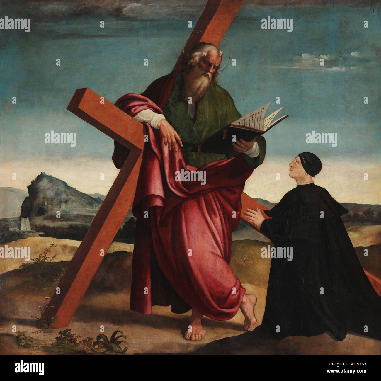 Der Heilige Andreas mit dem Spender Iacopo Lauro im Gebet. Museum: Museo di Capodimonte, Neapel. Verfasser: Andrea Sabatini. Stockfoto