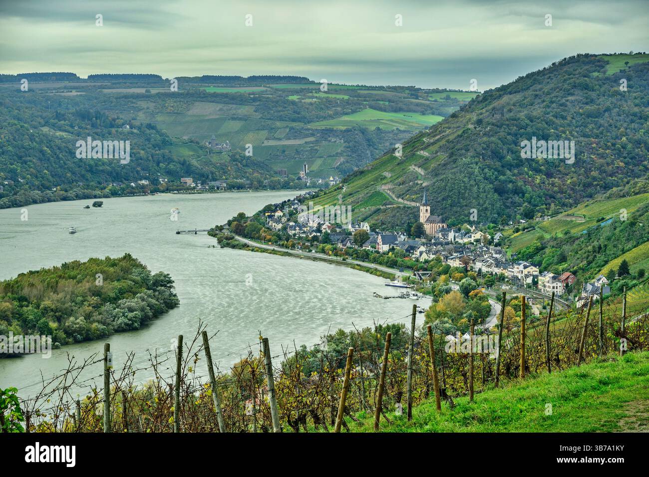 Blick auf Rhein und Lorch, Rheinsteig, UNESCO-Weltkulturerbe Oberes Mittelrheintal, Kulturlandschaft Oberes Mittelrheintal, Hessen, Deutschland Stockfoto