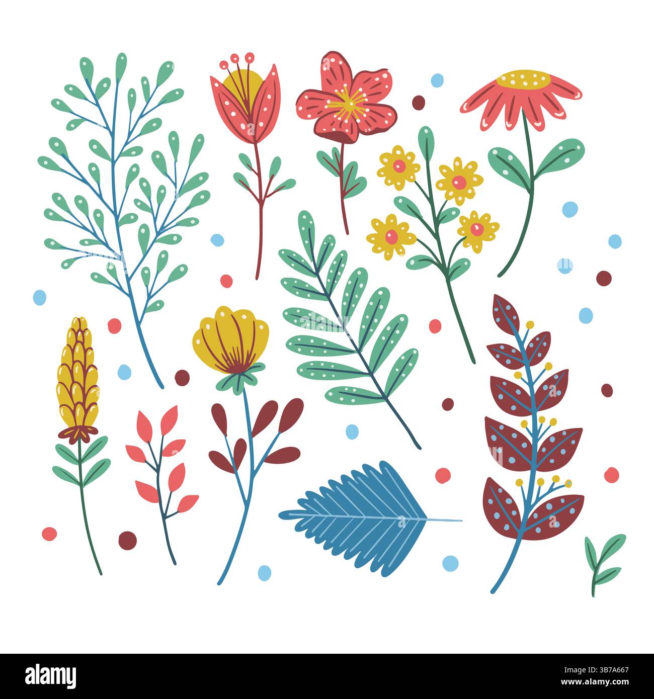 Sammlung von flachen Blatt- und Blumenpflanzen Waldkräutern im skandinavischen Stil, tropischen Blättern und Naturelementen Stock Vektor