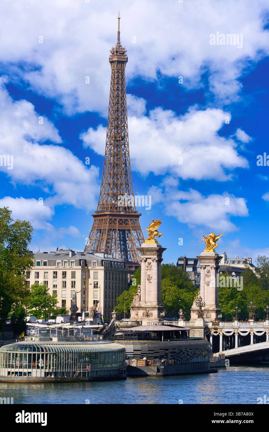 Pont Alexandre III, Sena River, Eiffelturm, Paris, Frankreich Stockfoto