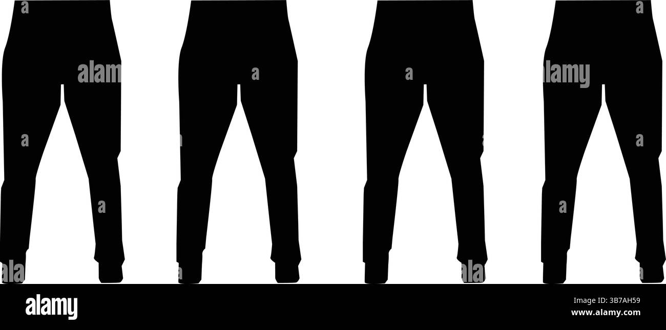 Die Vektor-Illustration zeigt die schwarz-weiße Silhouette von Mode-Kleidung wie männliche und weibliche Hosen und Jeans für Männer und Frauen Stock Vektor