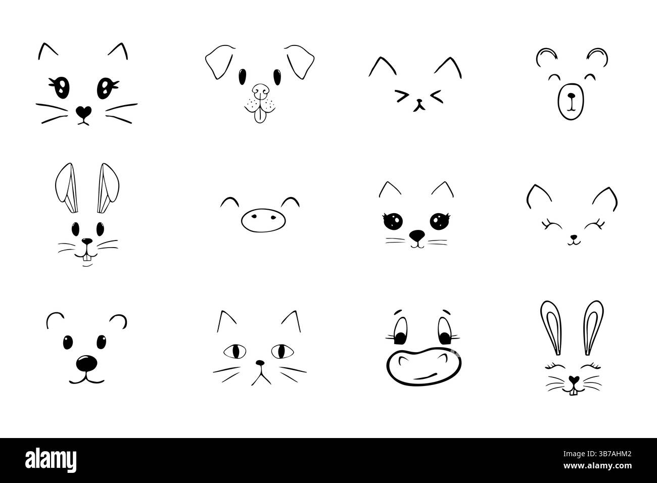 Niedliche Tiergesichter, Haustier-Comic-Doodle mit Ausdrücken. Setzen Sie Köpfe mit leckerer Zunge, Mund, liebenswerten Emotionen. Comic-Cartoon oder Kawaii-Fanny-Haustier. Vektorabbildung Stock Vektor
