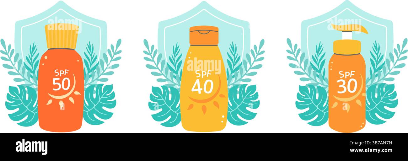 Sonnenschutzflaschen mit Lichtschutzfaktor 50 und Lichtschutzfaktor 30, umgeben von tropischen Blättern. Ideal für Hautpflege, Sonnenschutz oder Sommerdesigns. Stock Vektor