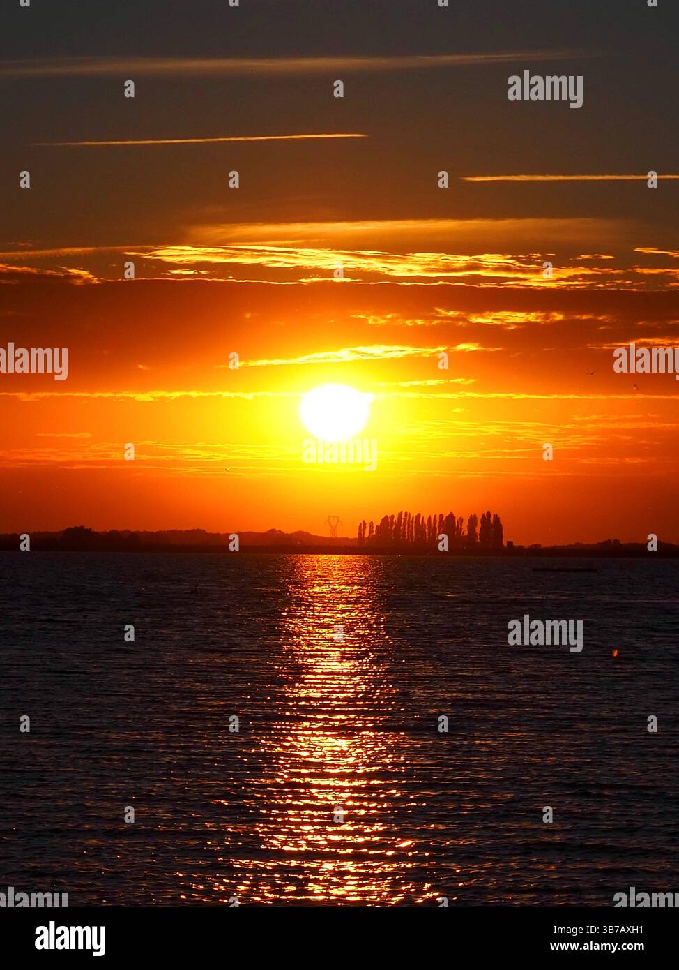 Goldener Sonnenuntergang über dem See im Parc naturel régionql de la Forêt d’Orient, Frankreich Stockfoto