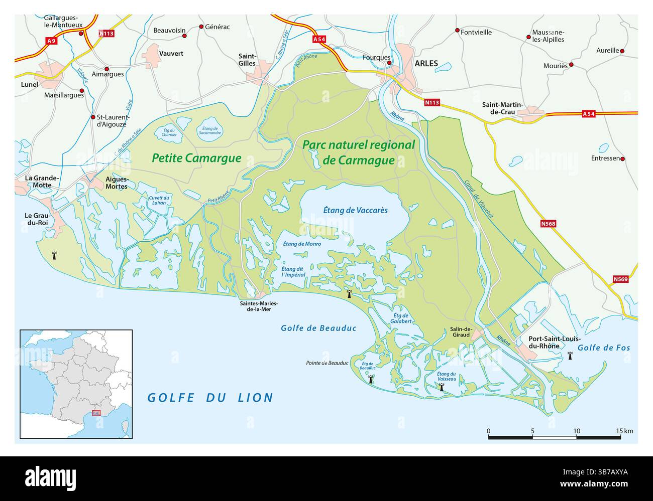 Karte des Südfranzösischen Regionalen Naturparks Camargue, Frankreich Stockfoto