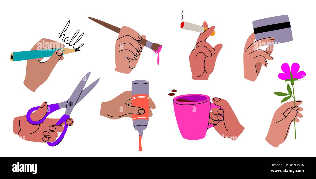Hände halten Objekte Kritzelset - verschiedene Gesten, die Gegenstände in skizzierter Form greifen. Farbige Finger greifen Schere, Bleistift, Kreditkarte und Kaffeetasse, Blumen- und Farbtupfer mit Pinsel. Stock Vektor