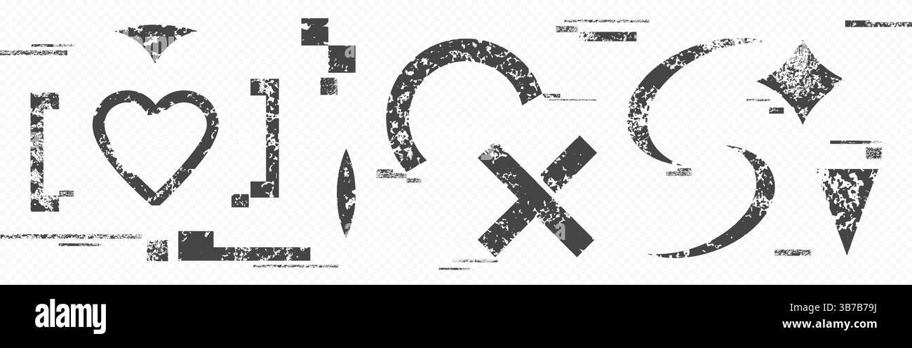 Funkelnde verzerrte Symbole – Herz-, Kreuz- und abstrakte Formen mit digitaler Pixelrauschstruktur, alte beschädigte Zeichen. Grunge-Designelemente mit tv-Interferenz, Datenverlust und vhs-Artefakt-fx. Stock Vektor