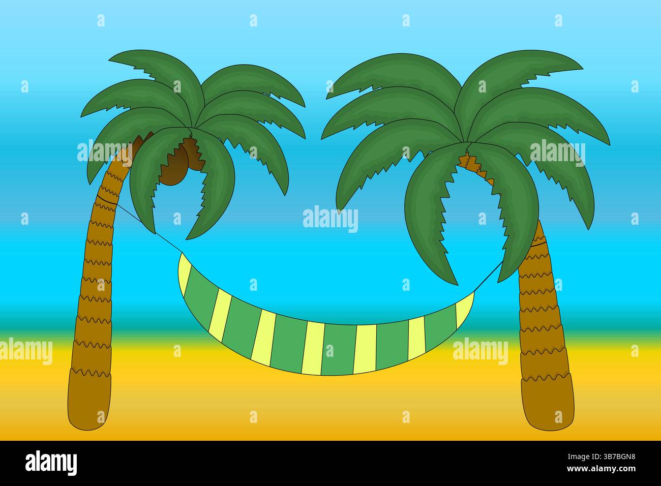 Sommerillustration tropischer Palmen mit Kokosnüssen und gestreifter Hängematte vor blauem Himmel, Sand und Meer. Kokospalme am Strand. Ideal für Su Stock Vektor