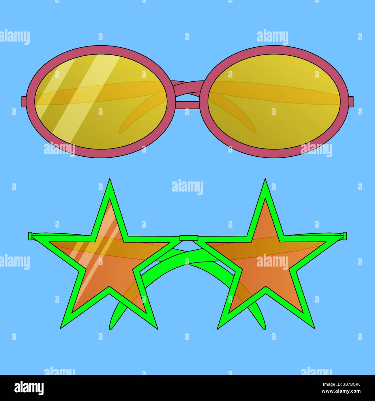 Sommer-Vektor-Illustration eines Sets von Sonnenbrillen mit ovalen und sternförmigen Gläsern. Strandzubehör auf isoliertem blauem Hintergrund. Perfekt für garmen Stock Vektor
