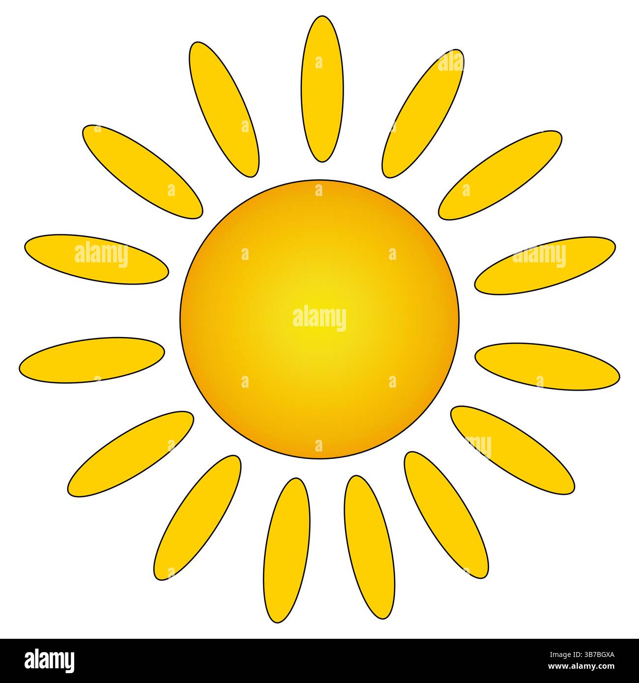 Illustration einer hellen warmen Sommersonne mit ovalen Strahlen auf einem isolierten weißen Hintergrund. Orangenstrahl. Element des Elements. Ideal für den Sommer Stock Vektor