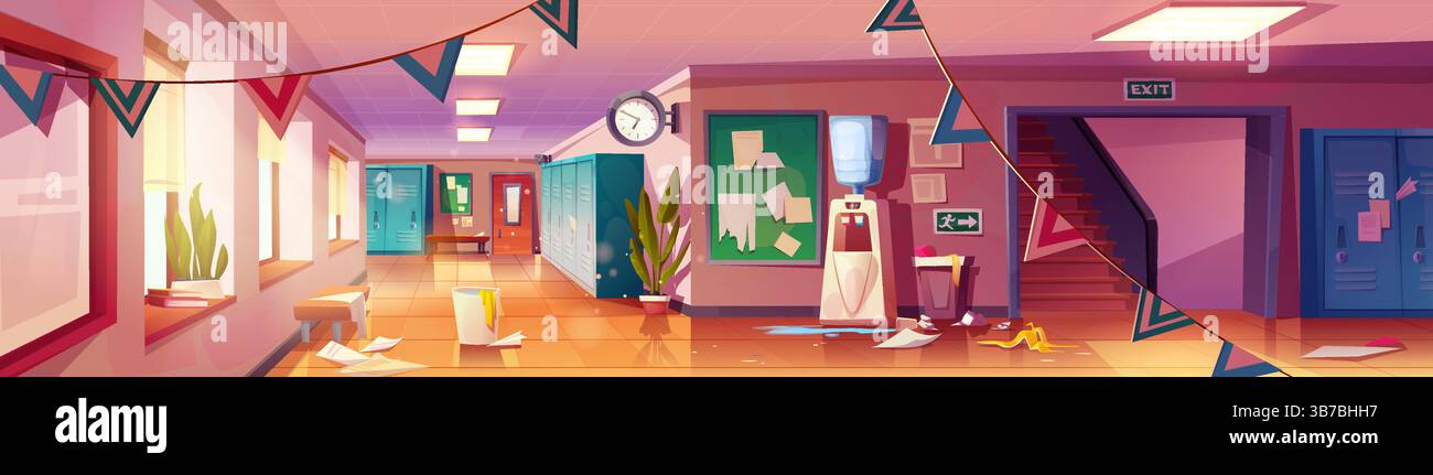 Schmutzige Szene auf dem Schulflur - der Flur ist voller Müll. Die Bulletin Board-Notizen sind verstreut, die Schließfächer sind offen. Umgekippter Mülleimer, Kühler für verschüttetes Wasser. Chaotische Bildungseinrichtung im Innenraum. Stock Vektor