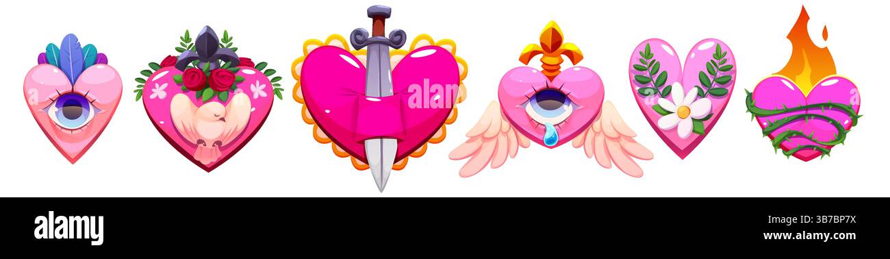 Mexikanische heilige Herzen, isoliert auf weißem Hintergrund. Vektor-Cartoon-Illustration von tätowierten Liebe und Hoffnung Symbolen mit Auge, Feuer, Schwert, Flügeln, Blume und buntem Ornament, hispanische Kultur Kunst Stock Vektor
