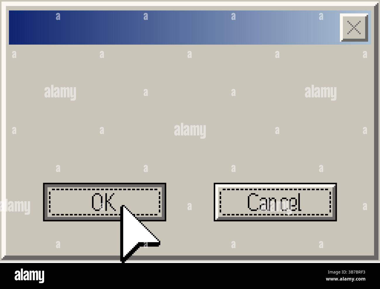 Minimalistisches Retro-Computerfenster mit OK- und Abbruchtasten im Pixel-Art-Stil. Ein großer Pfeilcursor, der auf die Schaltfläche OK klickt. Vintage 90er Jahre o Stock Vektor