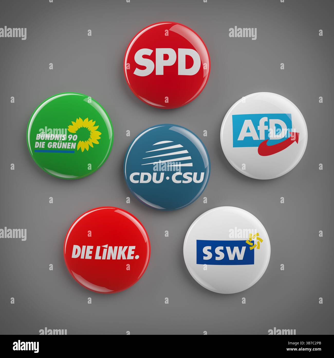 Alle sechs politischen Parteien, die 2025 im Bundestag vertreten waren. Stockfoto