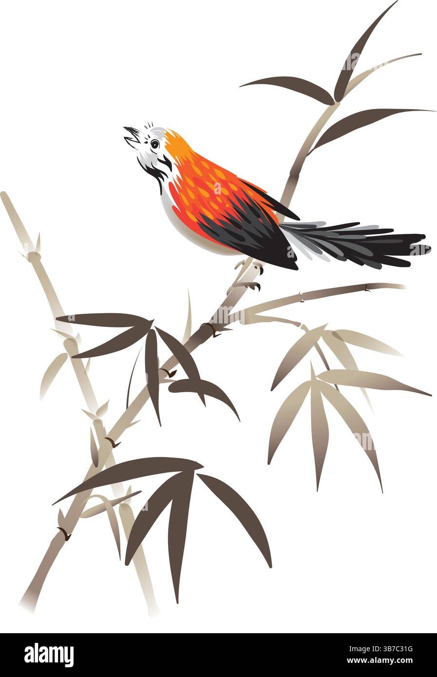 Digitales Kunstwerk, das traditionelle chinesische Tinte mit minimalen Pinselstrichen eines Vogels auf Bambuszweig nachahmt Stock Vektor