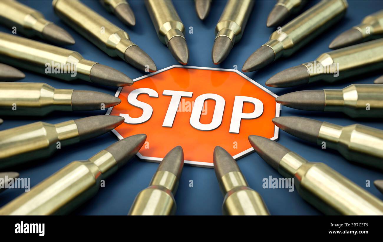 Patronen liegen um ein Stoppschild Stockfoto