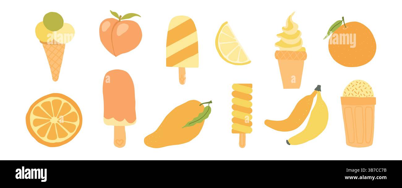 Gelbfarbene Eiscreme, Kegel und tropische Früchte wie Mango, Zitrone und Banane bilden ein frisches Sommerdessert mit hellen, saftigen Aromen Stock Vektor
