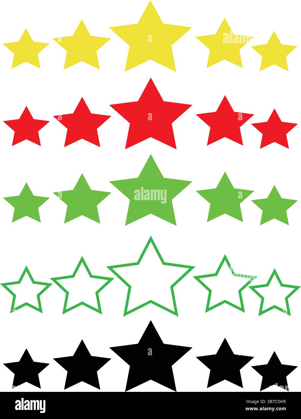 Bewertungsvorlage für 5-Sterne-Bewertungen mit transparentem Hintergrund. Set von Feedback-Symbolen mit fünf Sternen in vier verschiedenen Stilen: Kontur, Schwarz, Gold, Stock Vektor