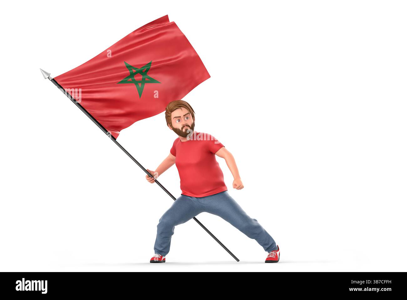 Der Cartoon-Mann hält und schwenkt stolz die marokkanische Flagge, zeigt den pulsierenden Nationalstolz und feiert die kulturelle Identität. 3D-Rendering Stockfoto