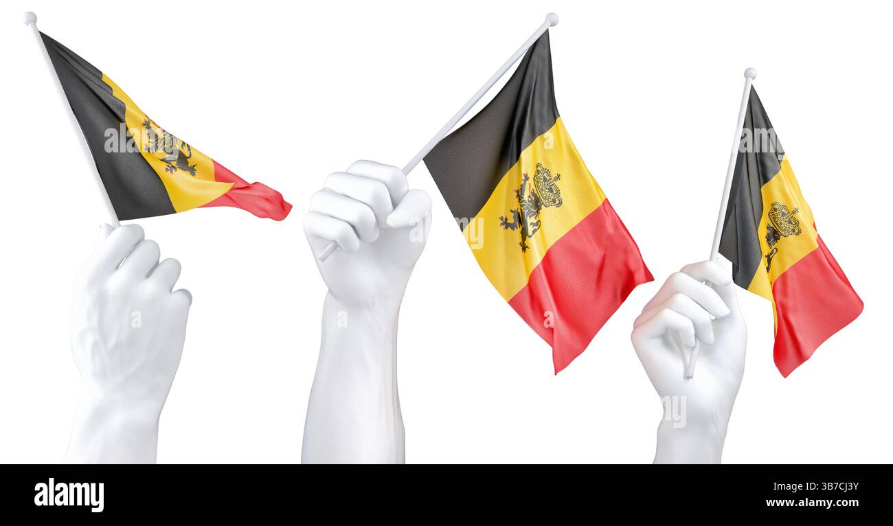 Handflagge von Belgien mit Wappen. Isoliertes 3D-Rendering. Stockfoto