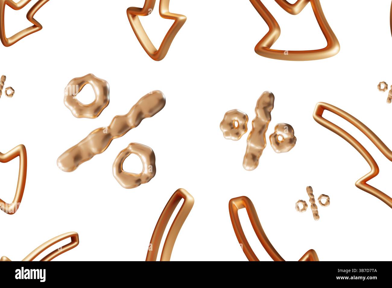 Dieses Design zeigt ein nahtloses Muster mit Pfeilen und Prozentzeichen, perfekt für Themen im Zusammenhang mit Rabatten, Werbeaktionen und Sonderaktionen Stockfoto