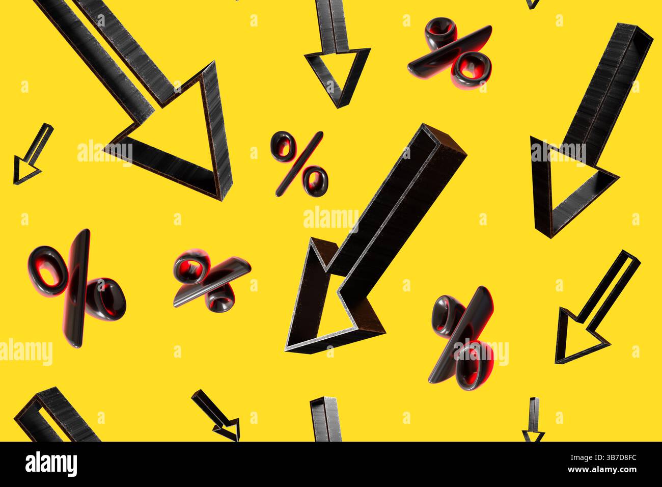 Das farbenfrohe Design zeigt ein nahtloses Muster mit dynamischen Pfeilen, die nach unten zeigen, und leuchtenden Prozentzeichen, die ideal sind, um Rabatte hervorzuheben Stockfoto