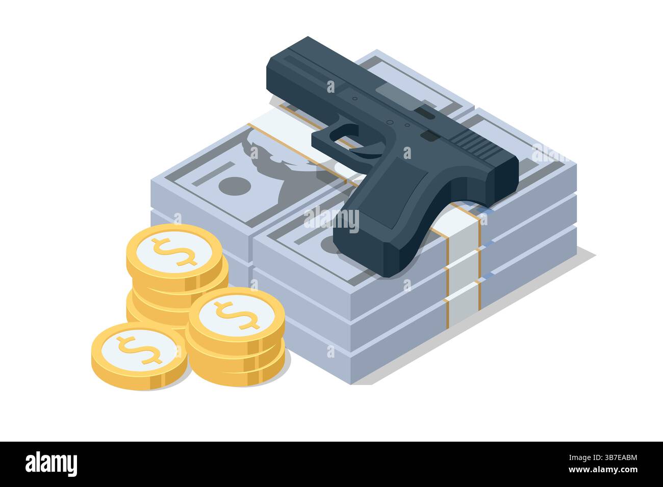 Isometrisches Vektorbild einer Waffe auf Stapel von Geld und Münzen, die Verbrechen, Raub und illegale Finanzen darstellen. Geldwäschebekämpfung – Finanzdienstleistungen Stock Vektor