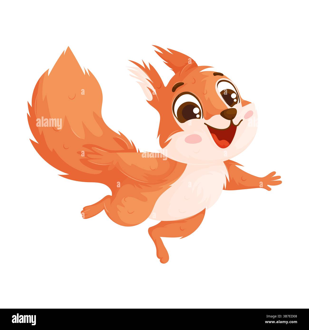 Ein verspieltes Zeichentrickhörnchen mit einem buschigen Schwanz, der energiegeladen springt und ein weites Lächeln und fröhlichen Ausdruck auf weißem Hintergrund zeigt. Ich Freue Mich, Carto Stock Vektor